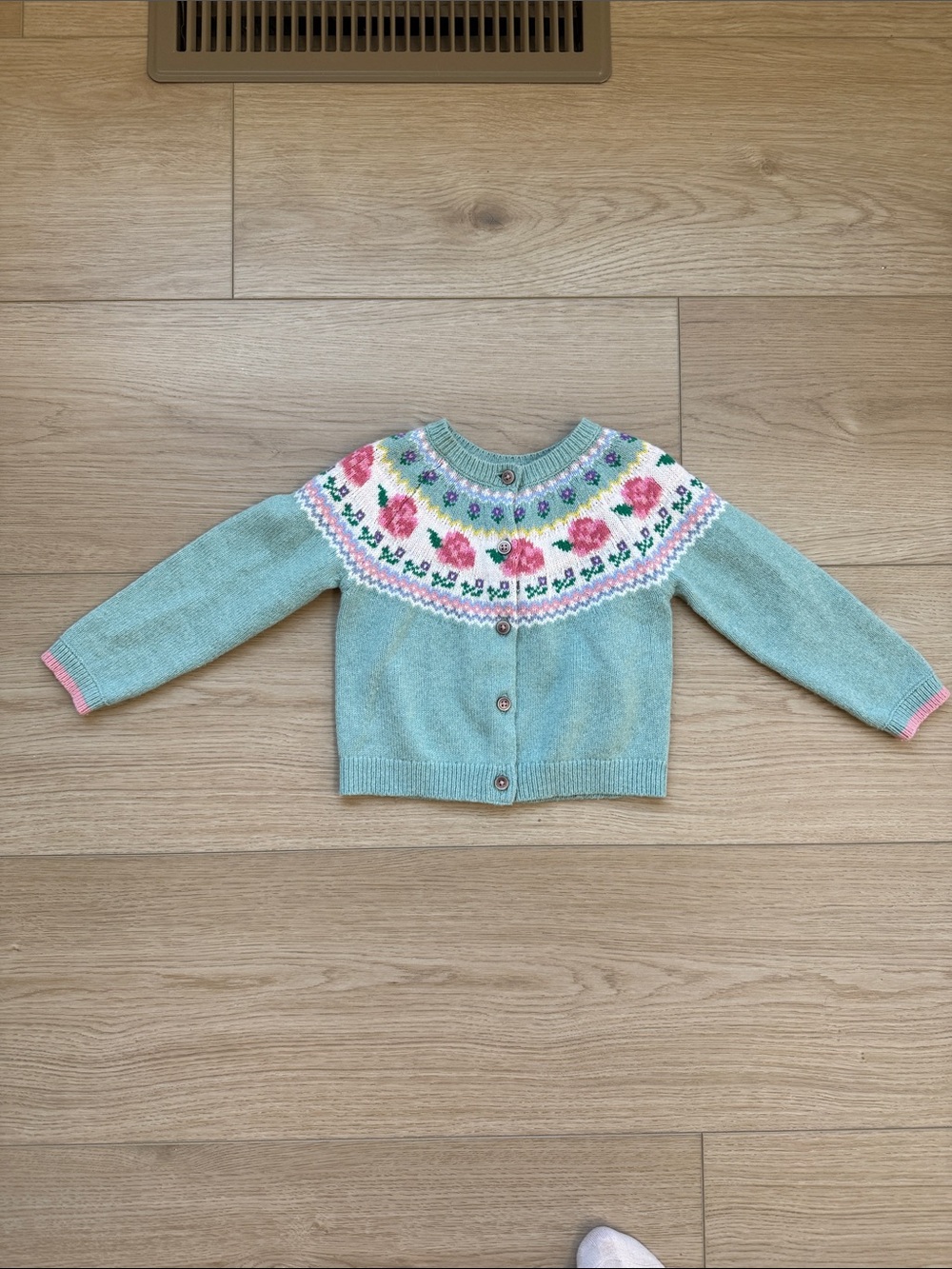 Mini Boden Mint Cardigan with Pink Floral Yoke